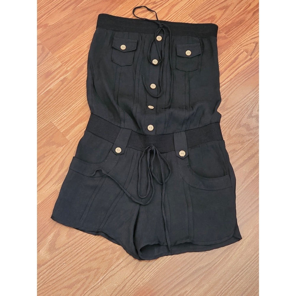 Rhapsody Womens Black Strapless Button Front Drawstring Romper Small S Utility